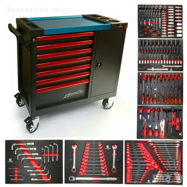 Професионален шкаф с метален плот, със 7 чекмеджета – пълни с инструменти EverForce, снимка 1