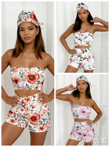 Дамски комплект от 3 части топ, шорти и шал Marina, 3цвята , снимка 1