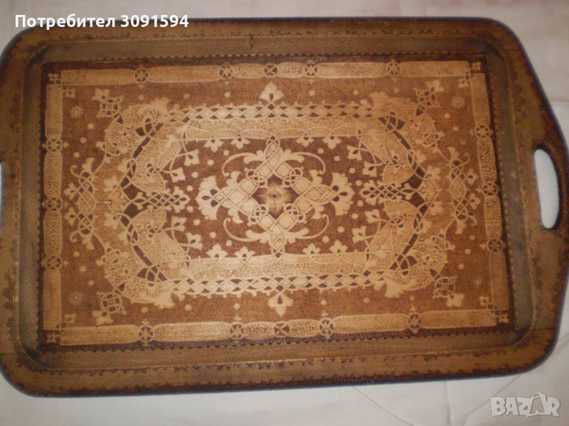 19 ти век ръчно изработен дървен поднос с дръжки пирография, снимка 1
