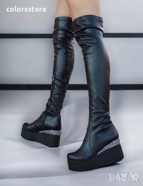 Ботуши на платформа - черна кожа и брокат - 122K, снимка 1