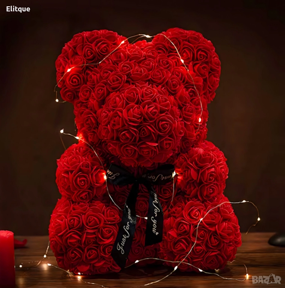 Плюшено мече с LED рози - подарък за мама, момиче, баба - комплект вечни рози 25 см, снимка 1