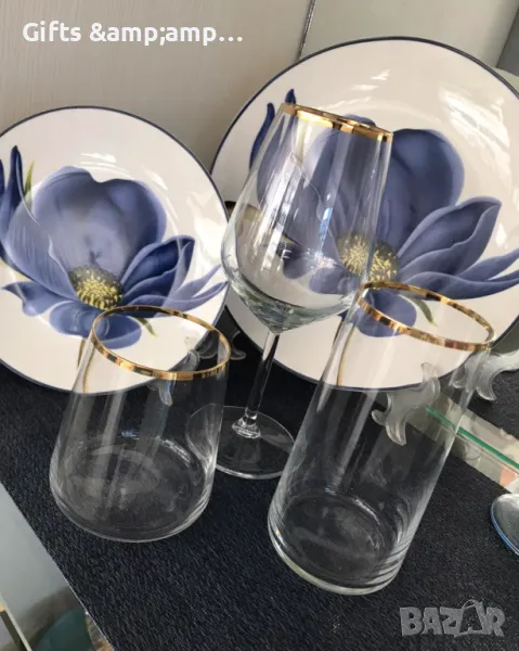 Комплект с 6 чаши за уиски, вода или вино - със златен кант, снимка 1