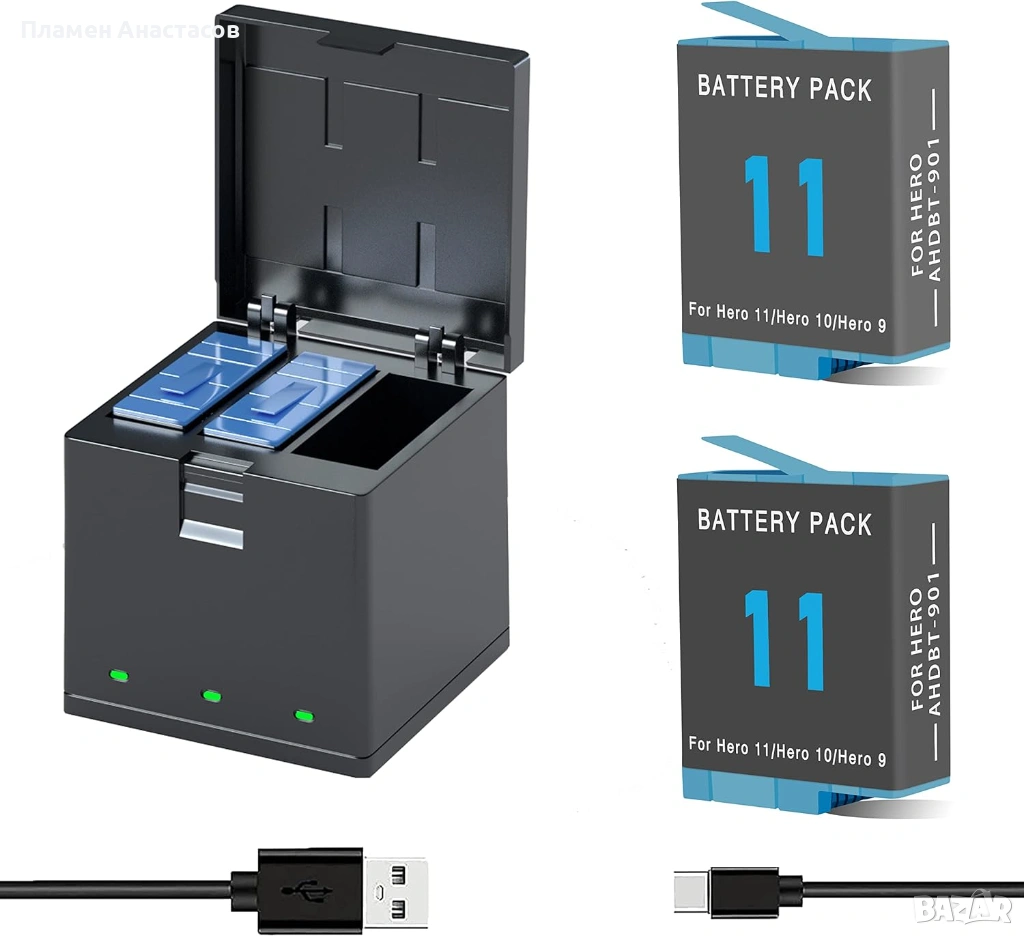 Резервни батерии 2 броя + 3 канално зарядно за GoPro Hero 9/10/11/12, снимка 1