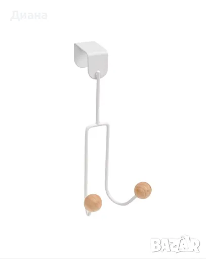 Закачалка за врата с 2 куки и извита основа, устойчва на влага от метал и дърво - бяла, снимка 1