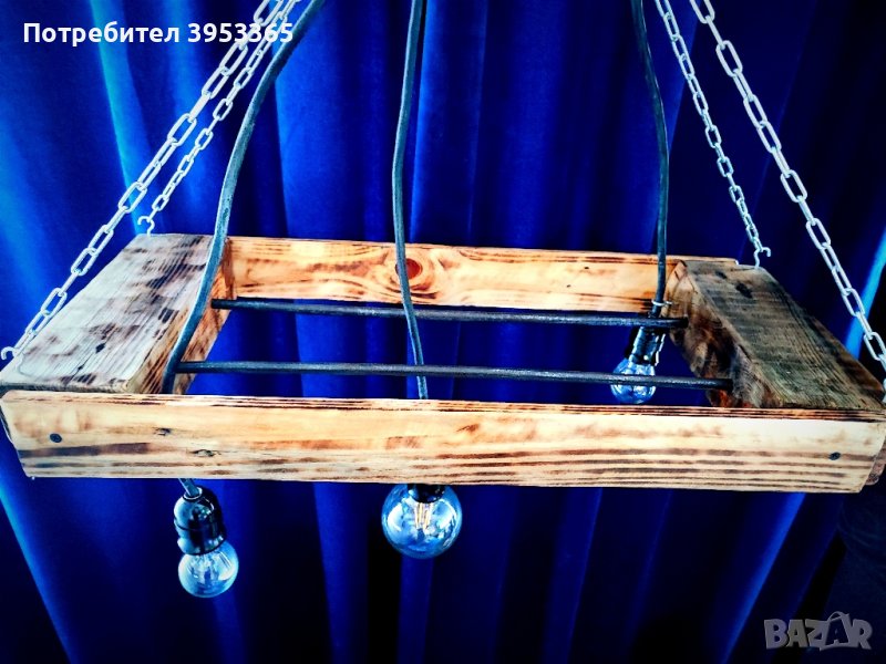 Дървен полилей с три крушки, снимка 1