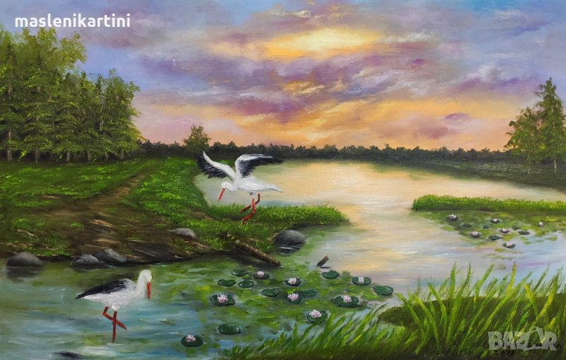 Картина с маслени бои Щъркели, снимка 1