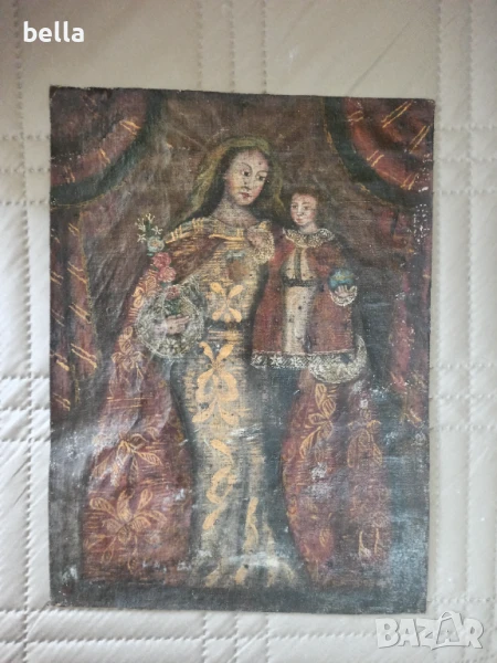 Стара творба- икона, масло върху платно,детайлно майсторско изпълнение , снимка 1