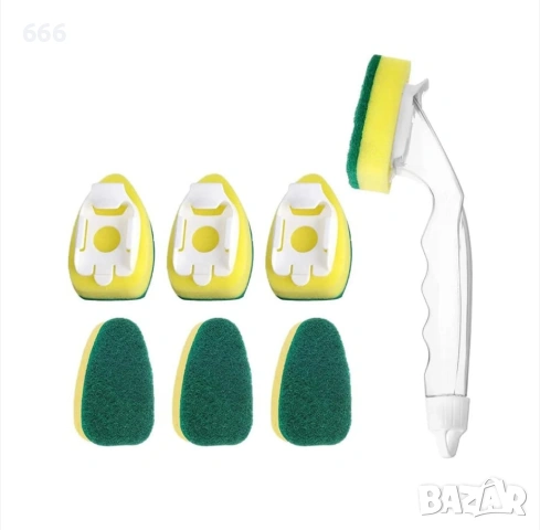 Гъба за миене на съдове със 7 резервни накрайника, зелена и жълта, ергономичен дизайн