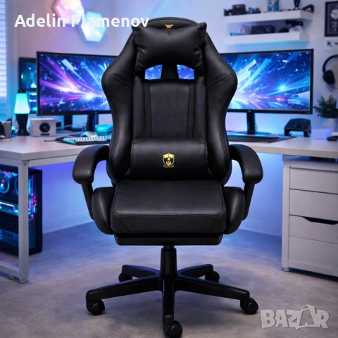 Премиум геймърски стол с масажна функция, поставка за крака и ергономична метална рамка, PU кожа,, снимка 5 - Столове - 53483911