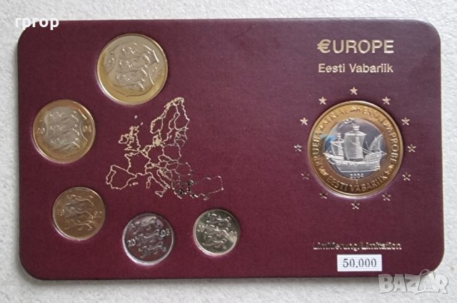 Естония. 10,20,50 цента, 1 и 5 крони. +1 евро Естония 2004 г. проба .Prueva  Trial  Probe, Spesimen.