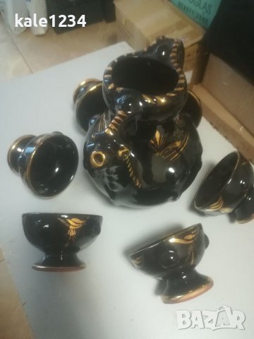 Керамичен сервиз за вино. Черно със злато. Чисто нов. Ръчно рисуван. За механа. Българско производст, снимка 6 - Сервизи - 39029147
