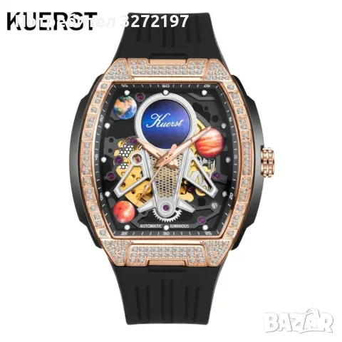 KUERST Луксозен Автоматичен Механичен Часовник,инкрустиран с малки изкуствени диаманти, снимка 3 - Мъжки - 48030260