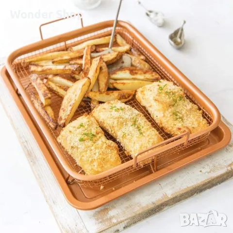 Правоъгълна мрежеста кошница в комплект с тава от въглеродна стомана