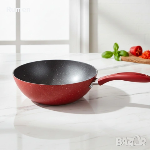 Уок тиган Voltz OV54420A28 Ø28 см – мраморно незалепващо покритие, индукционен, червен, снимка 4 - Съдове за готвене - 53238818