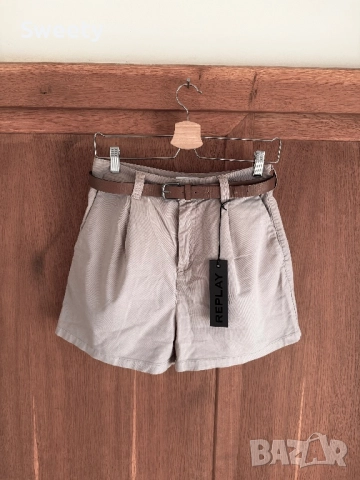 Replay чино къси панталони с висока талия в бежово кафяво, снимка 2 - Къси панталони и бермуди - 52321897
