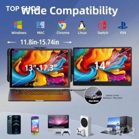 Нов 14 инча IPS FHD 1080P HDMI/USB-A/Type-C Лаптоп Монитор Екстендер, снимка 5 - Монитори - 49458003