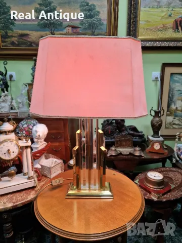 Уникална рядка антикварна немска дизайнерска настолна лампа от масивен месинг и кристал 