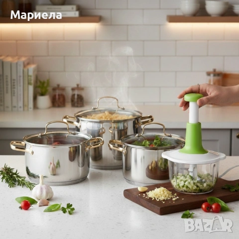 Комплект тенджери с елегантни златисти дръжки DJ24 + Подарък Ръчен чопър KN3