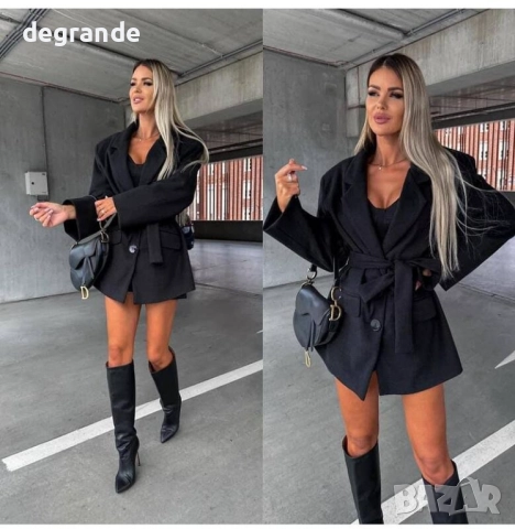 Дамско черно късо палто с колан