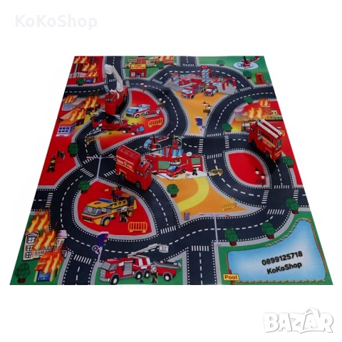 Игрален килим с пътища и три пожарни коли/килим за игра