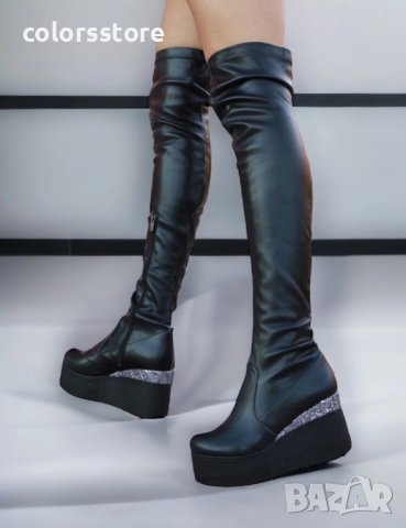 Ботуши на платформа - черна кожа и брокат - 122K