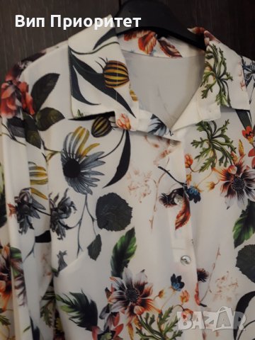 Бяла риза с пъстър принт, дълъг ръкав, официална, коприна, със закопчаване отпред, снимка 6 - Ризи - 37408068