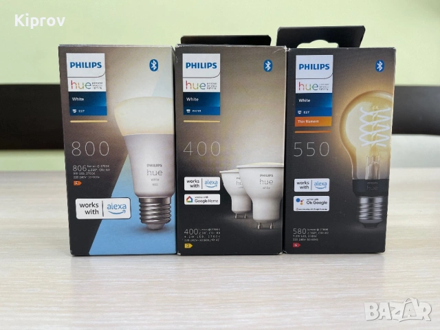 💡 Philips Hue LED крушки – E27 White 9W + 2× GU10 White (димируеми) + Filament E27 A60 7W