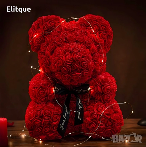 Плюшено мече с LED рози - подарък за мама, момиче, баба - комплект вечни рози 25 см