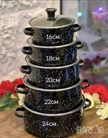 Комплект тенджери DJ36, 5 броя, Емайлирана стомана, Подходящи за фурна, Размери: 16,18,20,22,24 см, снимка 7 - Съдове за готвене - 51728946