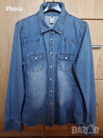 Дънкова риза S/M размер Gina Tricot вталена синя джобове ежедневна , снимка 2 - Ризи - 38432756