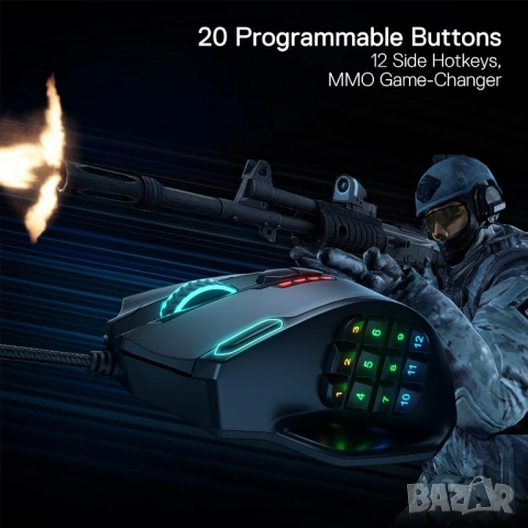 Геймърска мишка Redragon M908 IMPACT RGB LED MMO с лазерен кабел, 12 400 DPI, снимка 6 - Клавиатури и мишки - 53542068