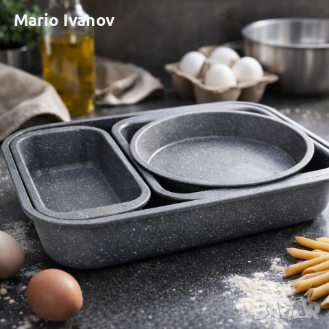 Комплект 4 тави за печене Cheffinger с мраморно незалепващо покритие – различни форми, компактно под, снимка 6 - Съдове за готвене - 53176948