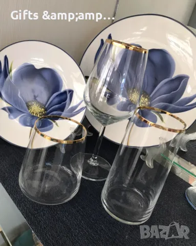 Комплект с 6 чаши за уиски, вода или вино - със златен кант, снимка 1