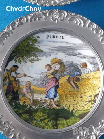 4бр Seltmann немска колекционерска декоративна порцеланова чиния-картина/сезони/калаена рамка/калай, снимка 3 - Картини - 48041363