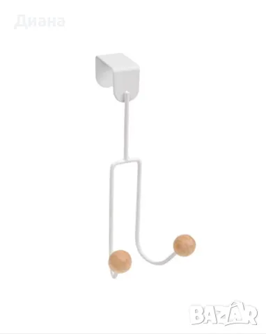 Закачалка за врата с 2 куки и извита основа, устойчва на влага от метал и дърво - бяла