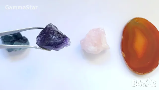 Комплект естествени минерали - флуорит, розов кварц, аметист, плочка ахат, снимка 4 - Колекции - 47396206