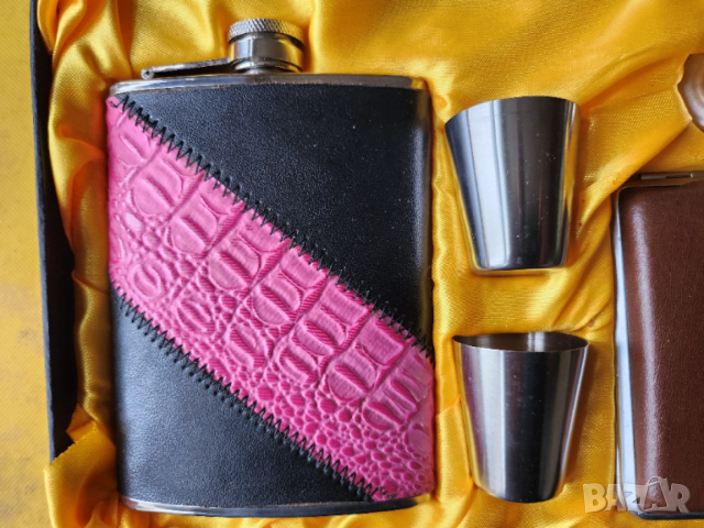 джобна метална бутилка - плоска 235 мл, комплект с 2 мет.чашки, фунийка, табакера, снимка 2 - Други - 52669659