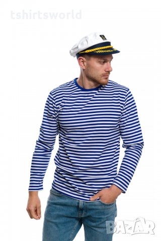Нов мъжки моряшки комплект: моряшка блуза с дълъг ръкав и капитанска шапка, снимка 2 - Блузи - 32771009