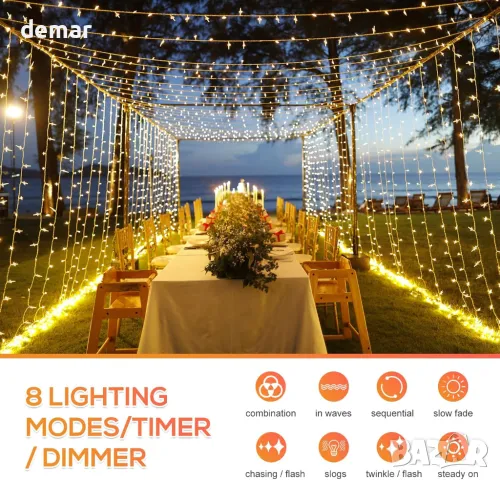 THKFUL Външни коледни феерични светлини, 50M Crystal 300LED, водоустойчиви, дистанционно с 8 режима, снимка 2 - Лед осветление - 47866811