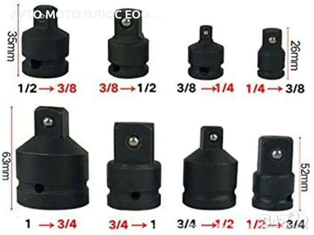 Комплект ударни вложки 1", 1/2", 1/4", 3/4", 3/8"- 8 части., снимка 4 - Аксесоари и консумативи - 47468954