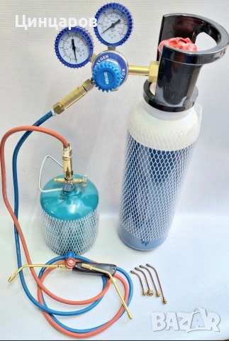 Горелка фино спояване, подгряване. Бутилки O2 и газ, редуцир, клапани предпазни 