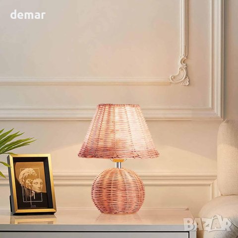 Екологична ратанова настолна лампа, ръчно плетен абажур, Е14, 2 броя, снимка 4 - Настолни лампи - 42937325