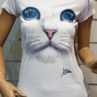 Страхотна нова дамска тениска с 3D принт котка със сини очи, снимка 2 - Тениски - 28344647