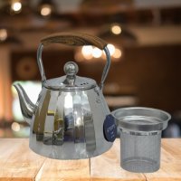 чайник от неръждаема стомана с фина цедка и топла дървена дръжка , снимка 3 - Други стоки за дома - 44071164