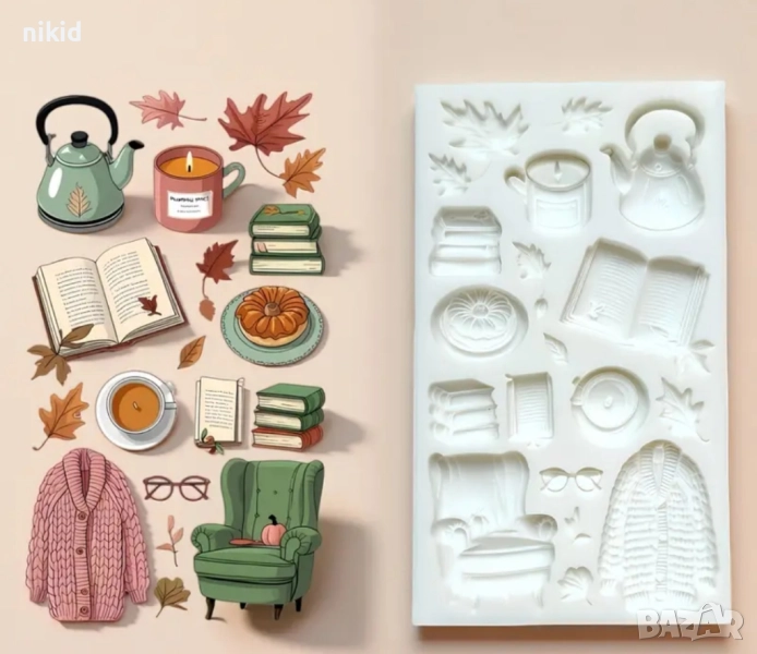 книги стол чайник чаша дреха силиконов молд форма фондан декор, снимка 1