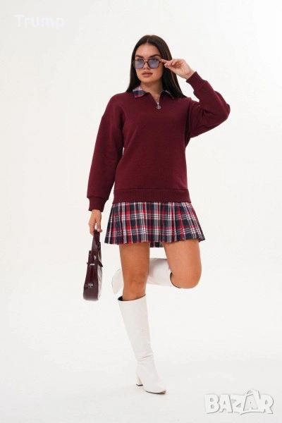 -50% Рокля - туника , мека и топла памучна полар материя,каре, цвят бордо, снимка 1