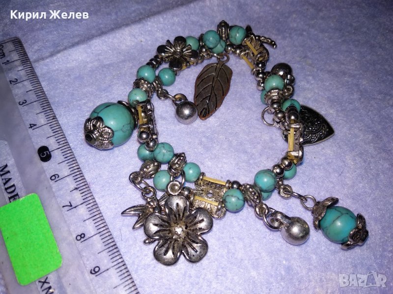 КРАСИВА ФЛОРАЛНА ЛАСТИЧНА МОДНА ЛЯТНА АРТ ГРИВНА ПОСРЕБРЕНА ТЮРКОАЗЕН ТИП 34777, снимка 1