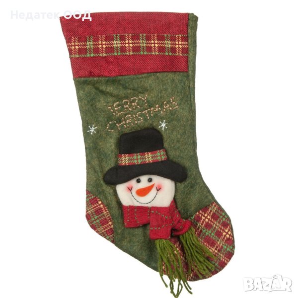 Коледен чорап, Зелен, Снежко с топъл шал 40см, снимка 1