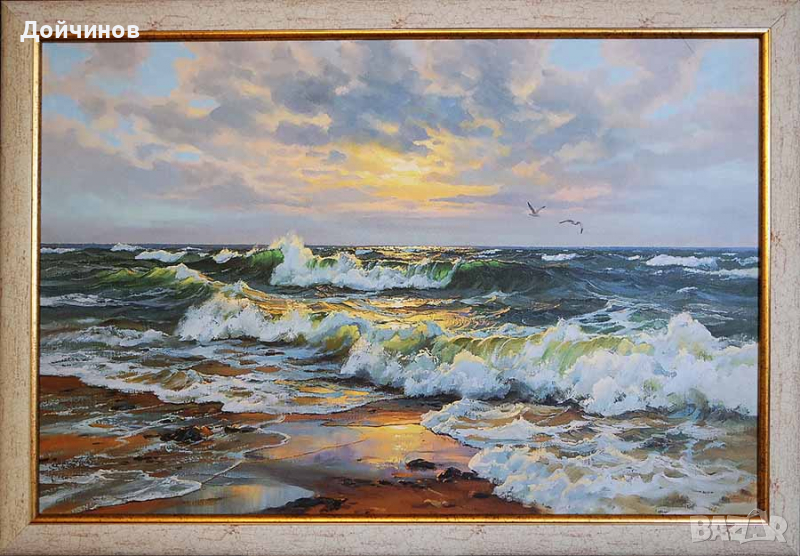 Морски пейзаж с чайки, картина, снимка 1