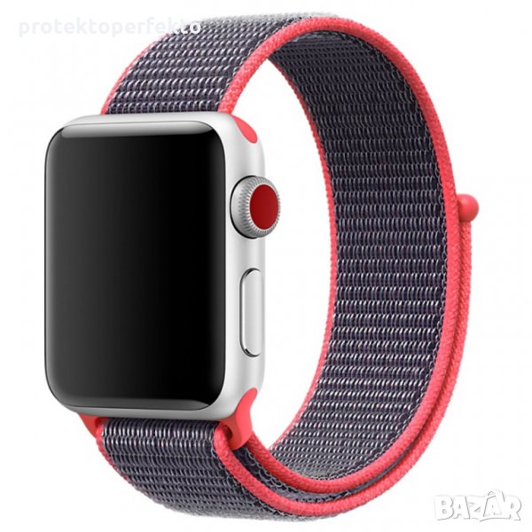 Текстилна каишка band за Apple Watch 7, 6, 5, 4, 3 - велкро розово със сиво цвят, снимка 1